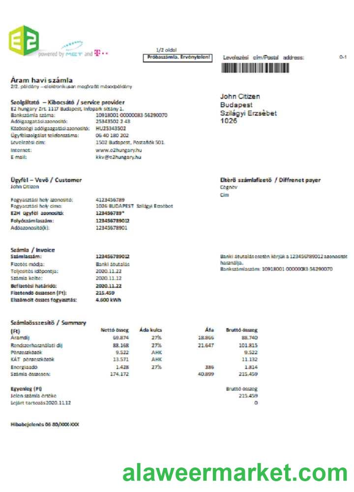 Hungary E2 utility bill Word and PDF format